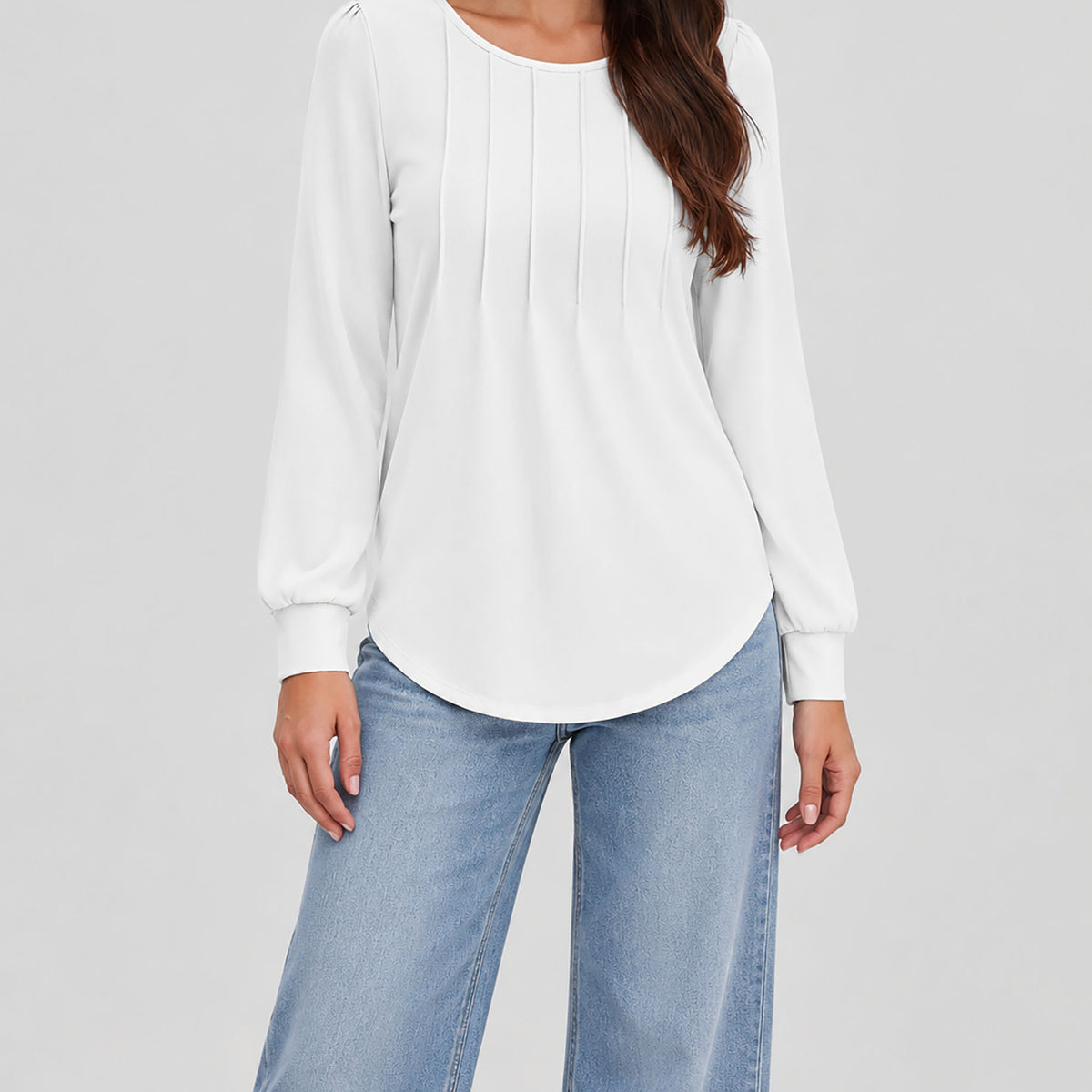 Womens Pleated Puff Sleeve Crew Neck Long Sleeve Tunic Top