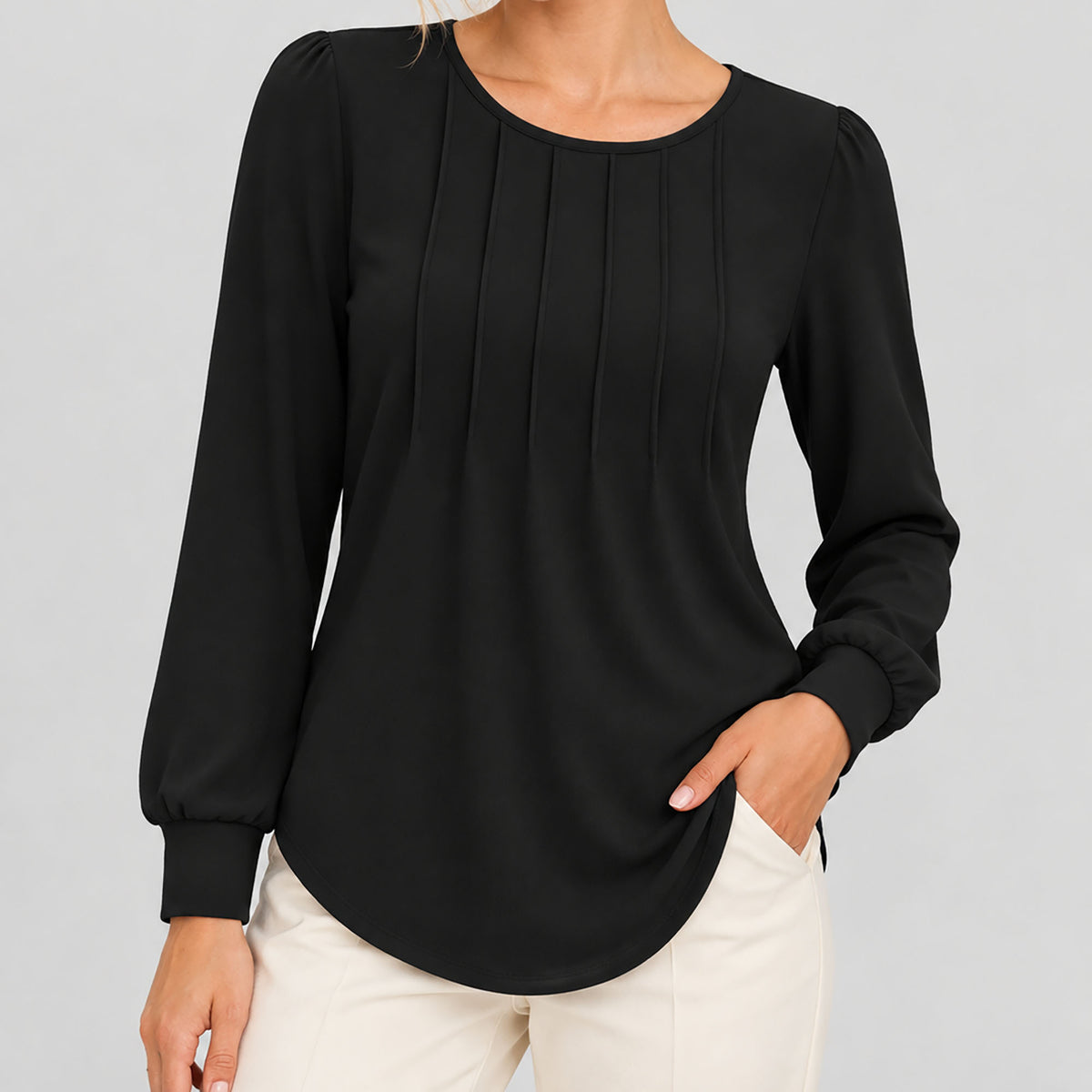 Womens Pleated Puff Sleeve Crew Neck Long Sleeve Tunic Top