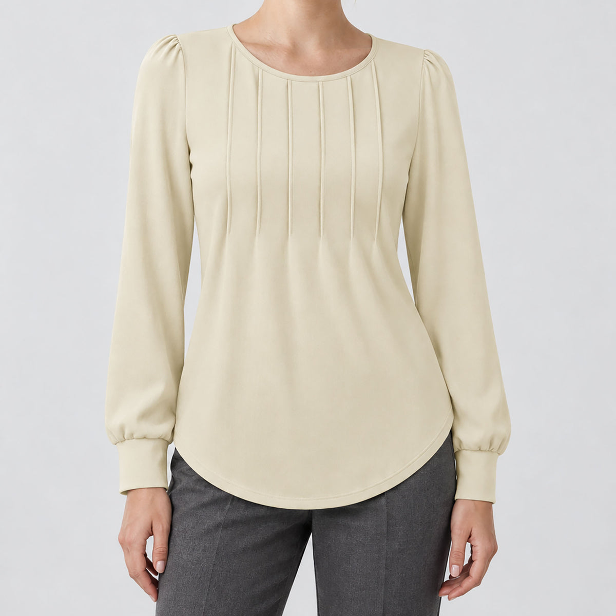 Womens Pleated Puff Sleeve Crew Neck Long Sleeve Tunic Top