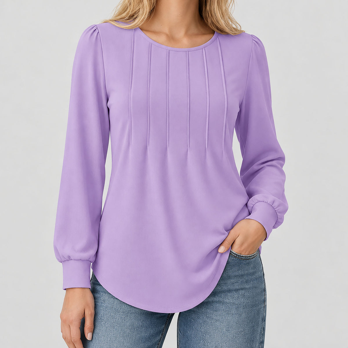 Womens Pleated Puff Sleeve Crew Neck Long Sleeve Tunic Top