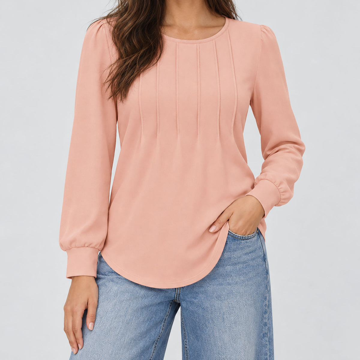Womens Pleated Puff Sleeve Crew Neck Long Sleeve Tunic Top