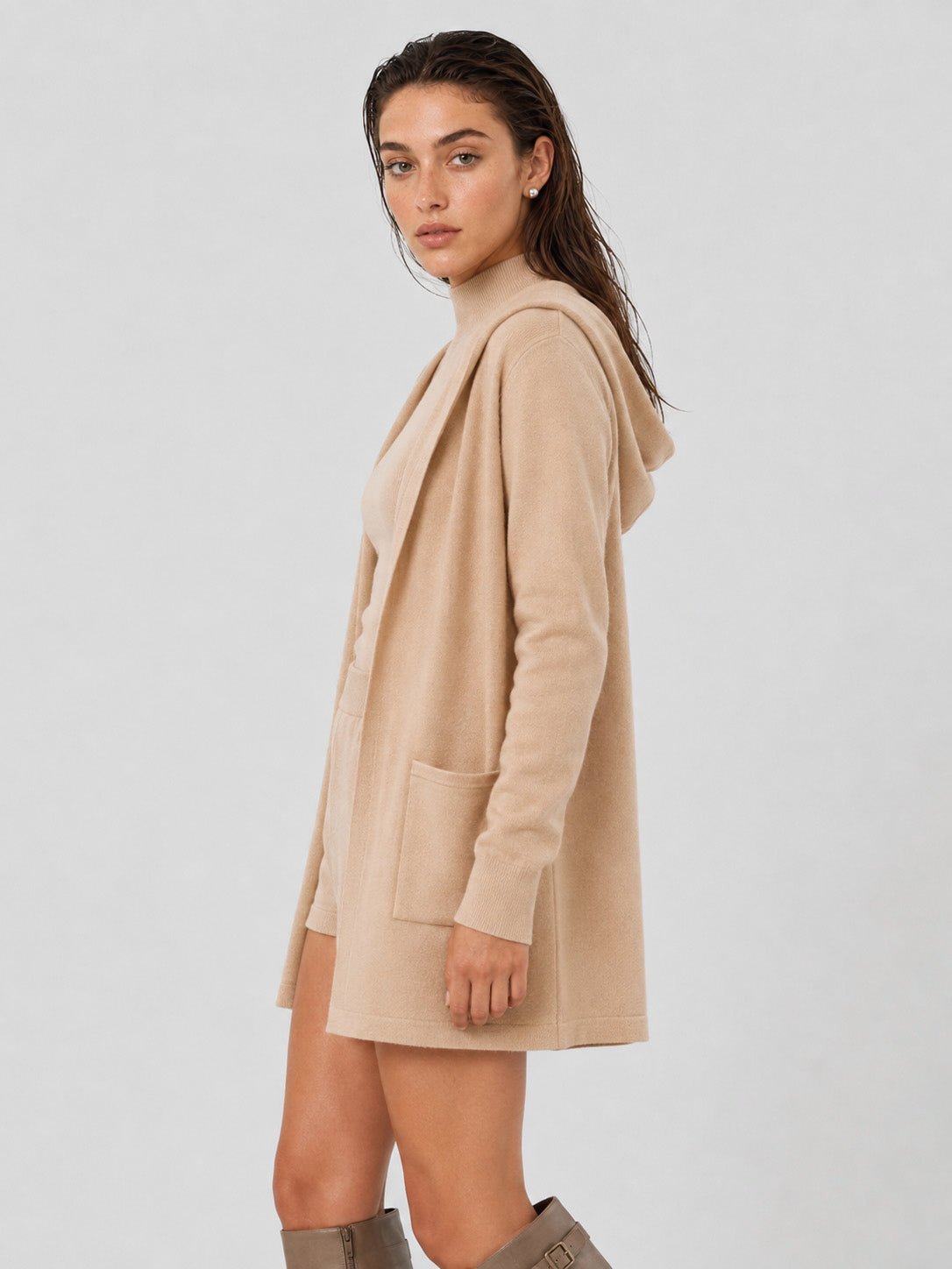YUCOLEN Women's Hooded Open Front Cardigan Soft Knit Mid-Thigh Coatigan with Pockets in Apricot Yellow