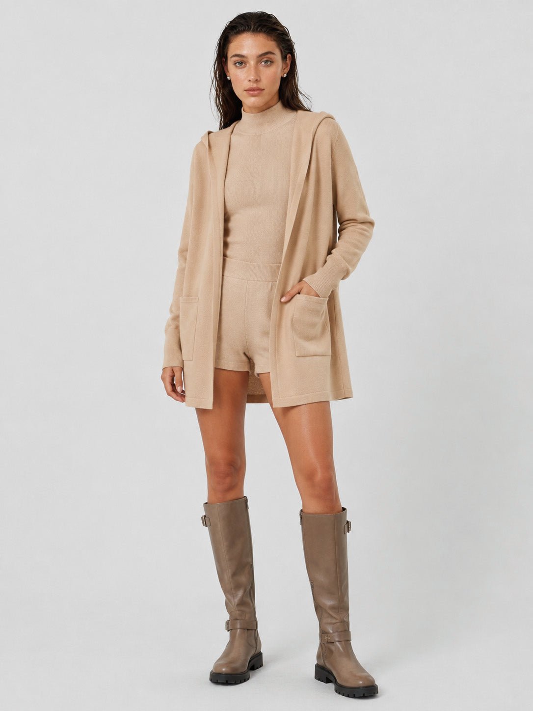 YUCOLEN Women's Hooded Open Front Cardigan Soft Knit Mid-Thigh Coatigan with Pockets in Apricot Yellow