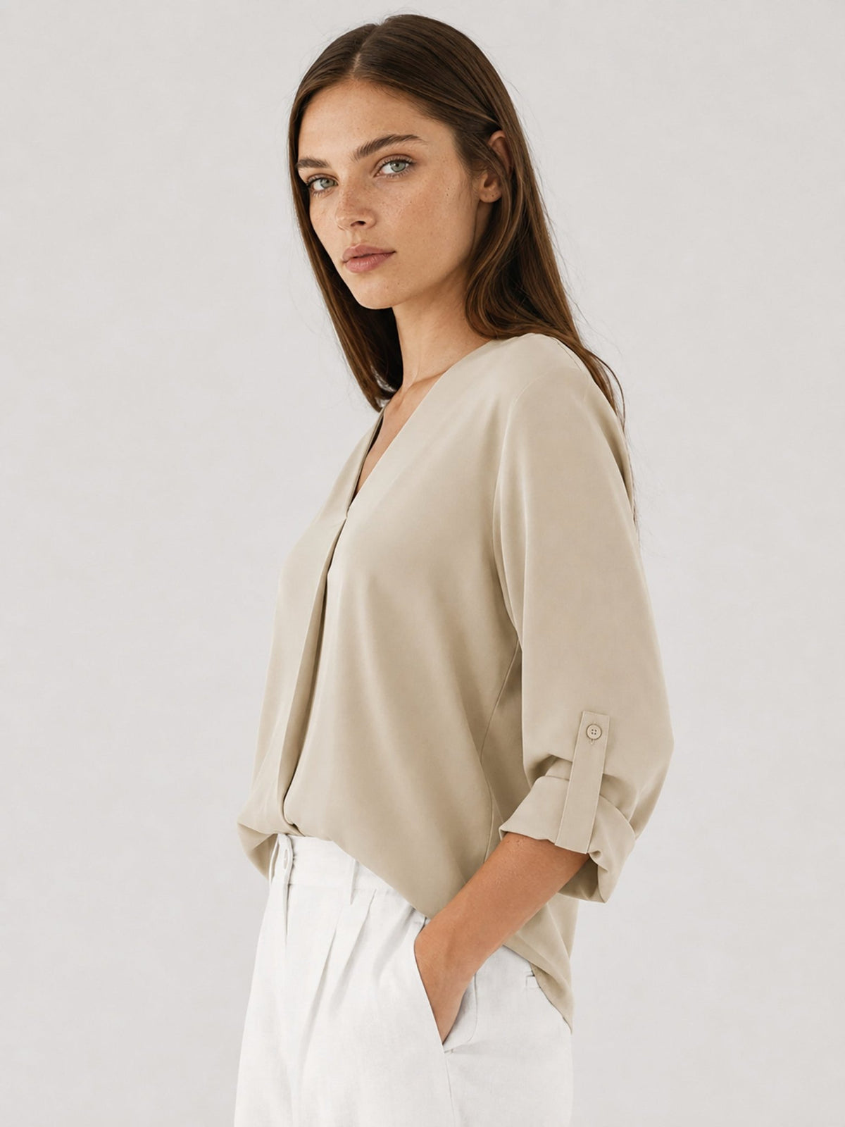 YUCOLEN Women's Lightweight V-Neck Flowy Blouse with 3/4 Flutter Sleeves in Apricot
