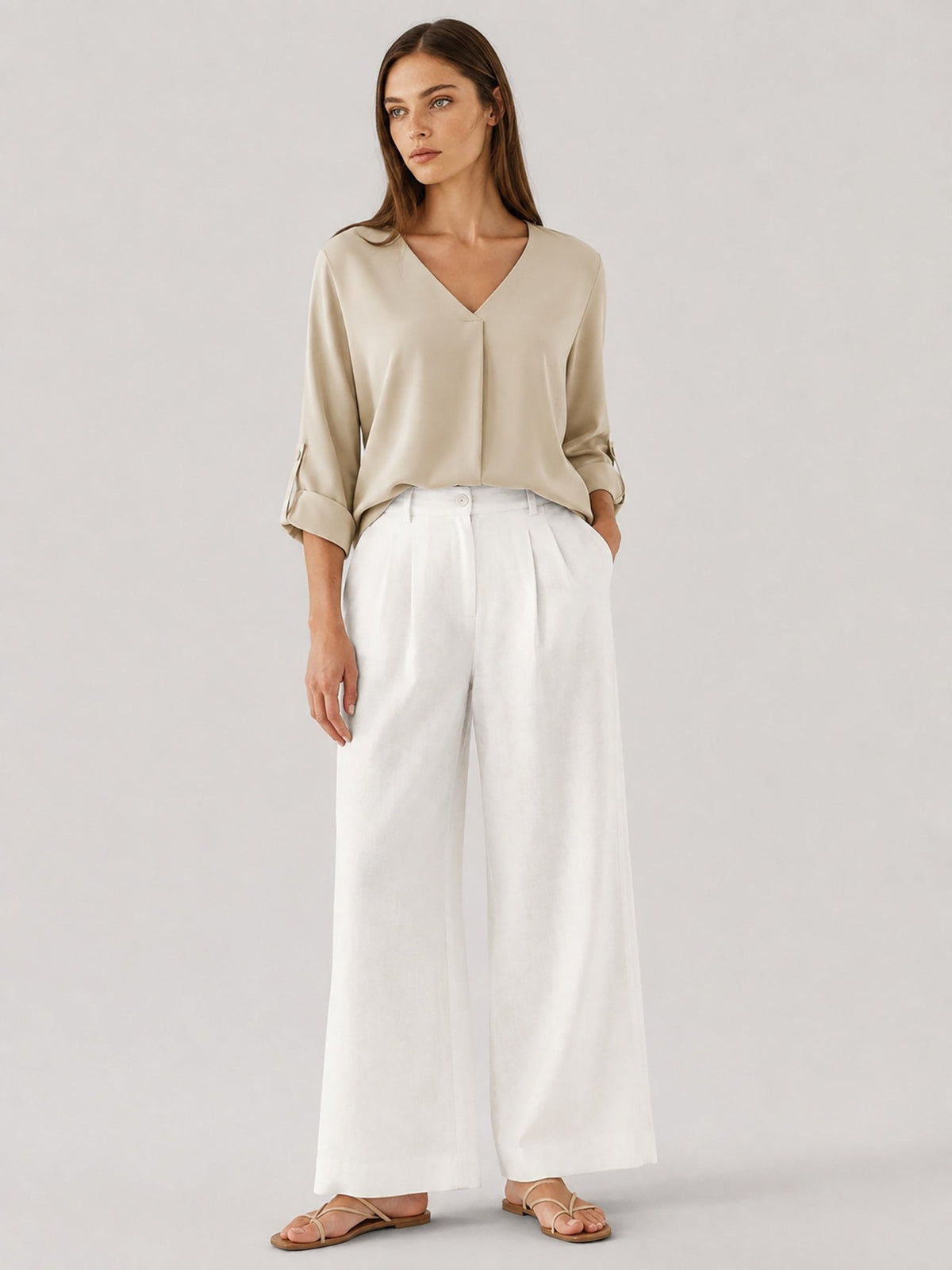 YUCOLEN Women's Lightweight V-Neck Flowy Blouse with 3/4 Flutter Sleeves in Apricot