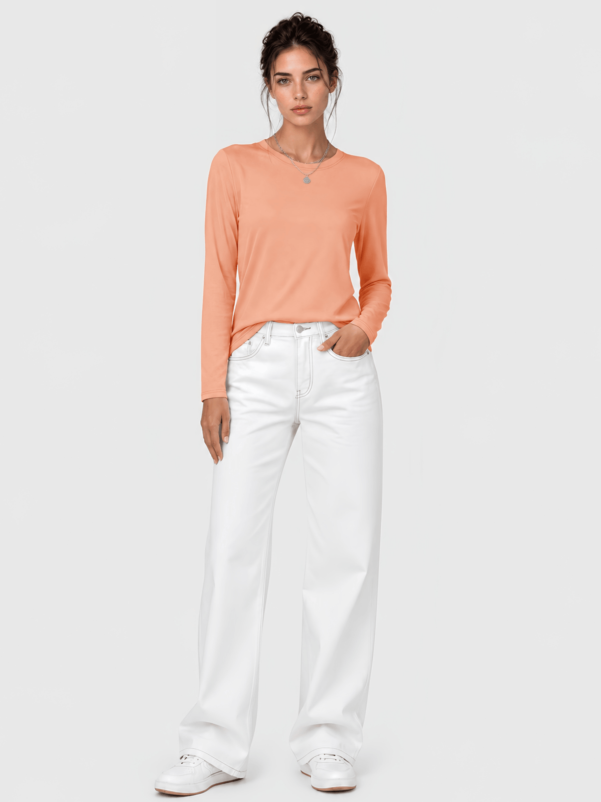 YUCOLEN Women's Long Sleeve Crew Neck Shirt Soft Tri-blend Cotton Performance Tee in Apricot