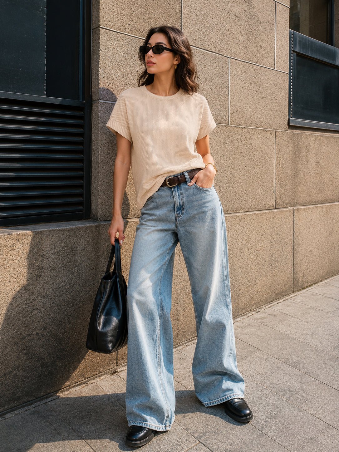 YUCOLEN Women's Oversized Ribbed Knit Short Sleeve T-Shirt Loose Batwing Casual Top in Apricot