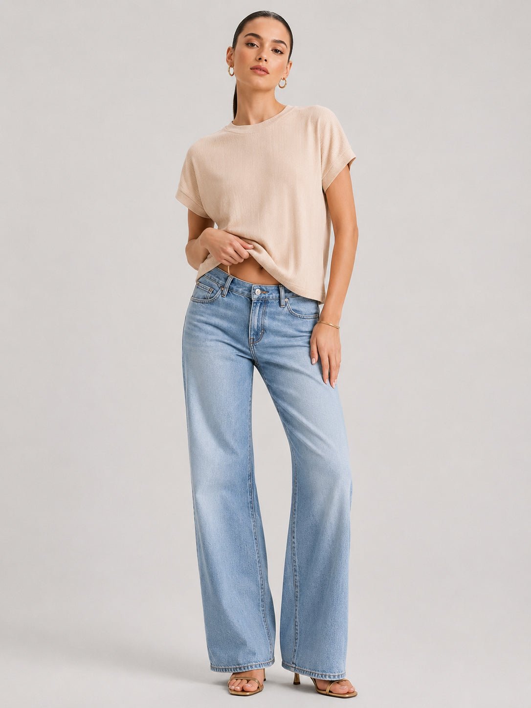 YUCOLEN Women's Oversized Ribbed Knit Short Sleeve T-Shirt Loose Batwing Casual Top in Apricot
