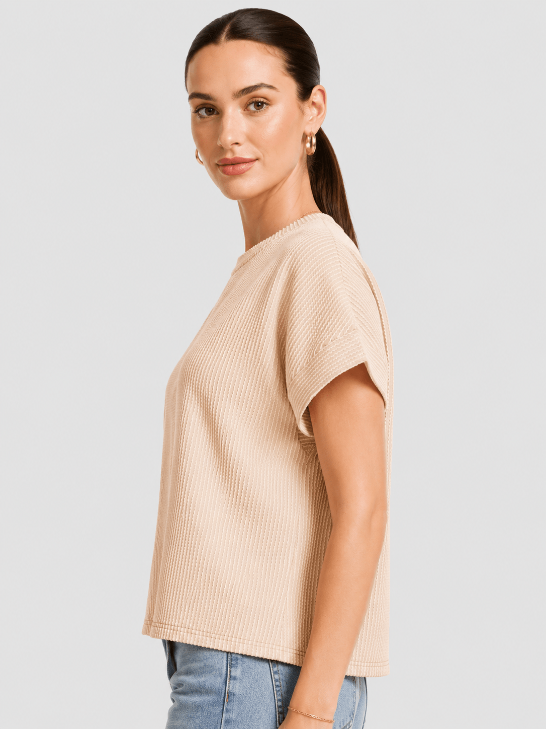 YUCOLEN Women's Oversized Ribbed Knit Short Sleeve T-Shirt Loose Batwing Casual Top in Apricot