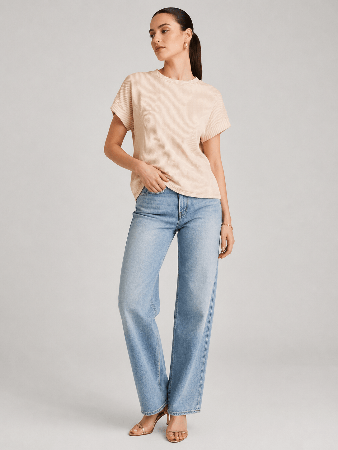 YUCOLEN Women's Oversized Ribbed Knit Short Sleeve T-Shirt Loose Batwing Casual Top in Apricot