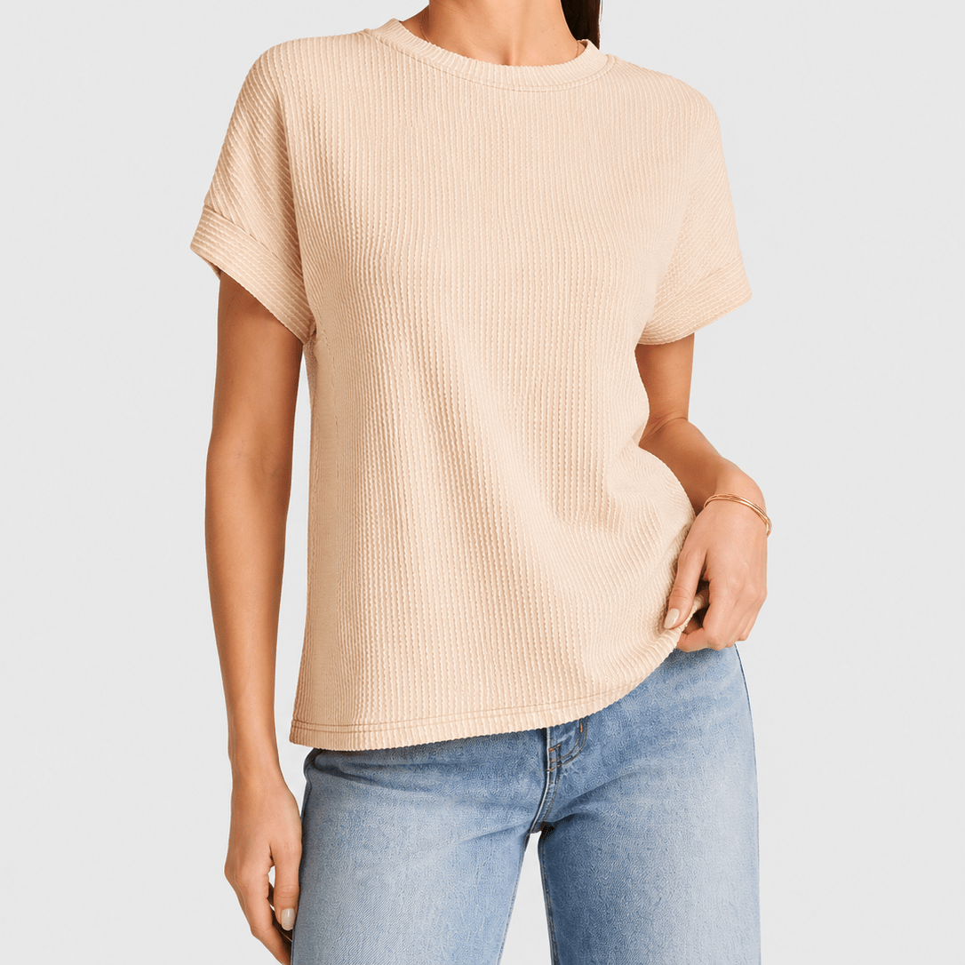 YUCOLEN Women's Oversized Ribbed Knit Short Sleeve T-Shirt Loose Batwing Casual Top in Apricot