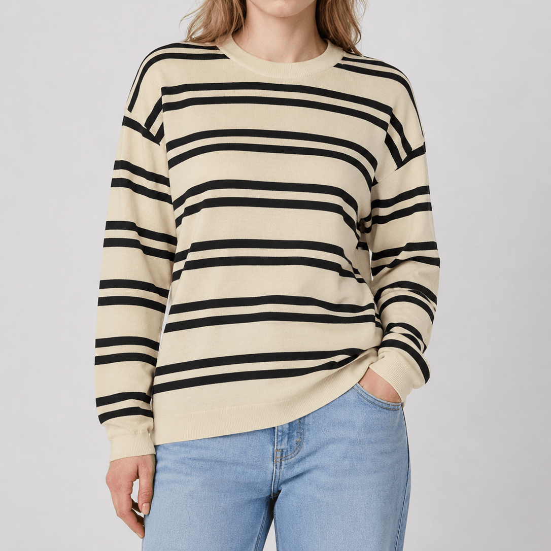YUCOLEN Women's Striped Crewneck Sweater Soft Knit Casual Loose Fit Pullover for Fall Winter in Apricot