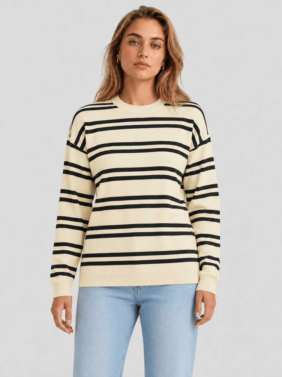 YUCOLEN Women's Striped Crewneck Sweater Soft Knit Casual Loose Fit Pullover for Fall Winter in Apricot