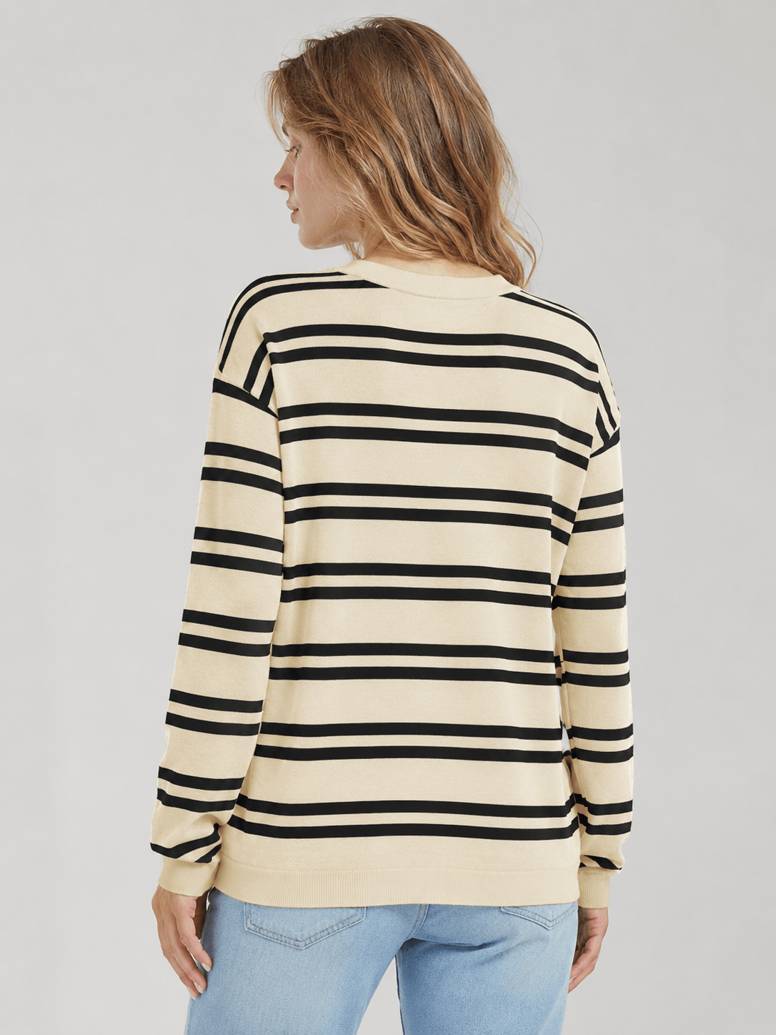 YUCOLEN Women's Striped Crewneck Sweater Soft Knit Casual Loose Fit Pullover for Fall Winter in Apricot