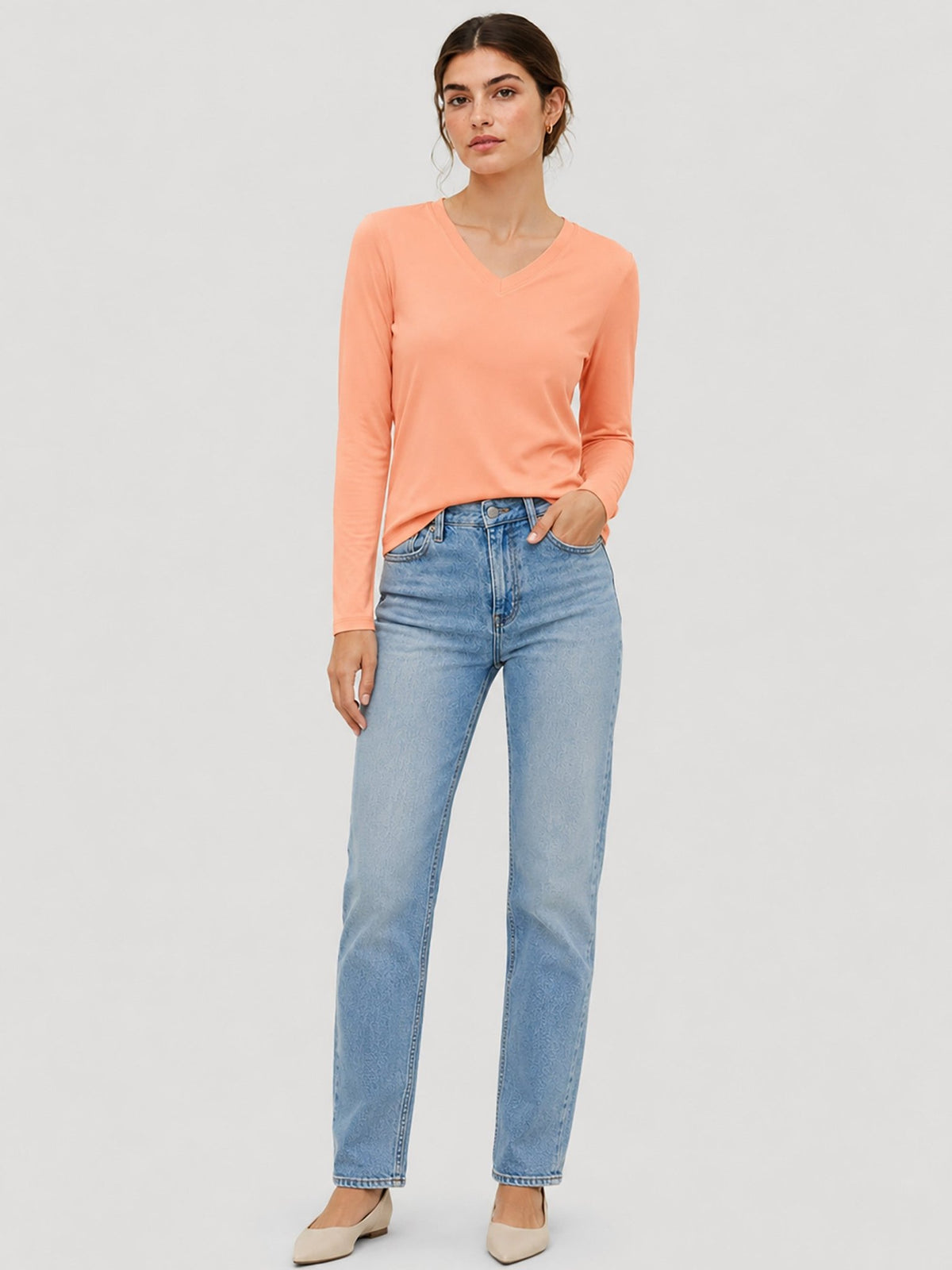 YUCOLEN Women's V Neck Long Sleeve Shirt Cotton Blend Soft Performance Tee in Apricot