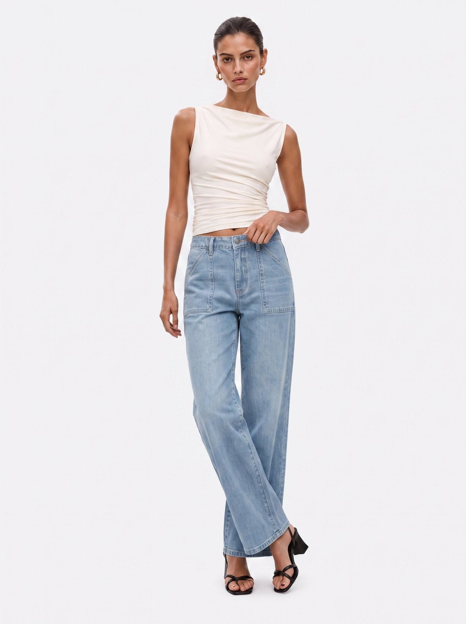 YUCOLEN Women's High Waisted Straight Leg Stretchy Denim Jeans with Pockets in Aqua Blue