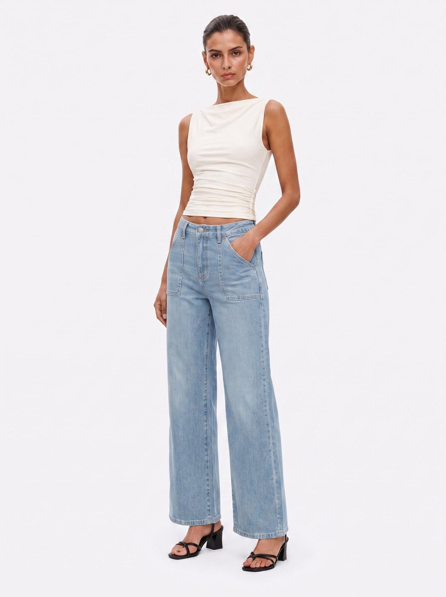 YUCOLEN Women's High Waisted Straight Leg Stretchy Denim Jeans with Pockets in Aqua Blue
