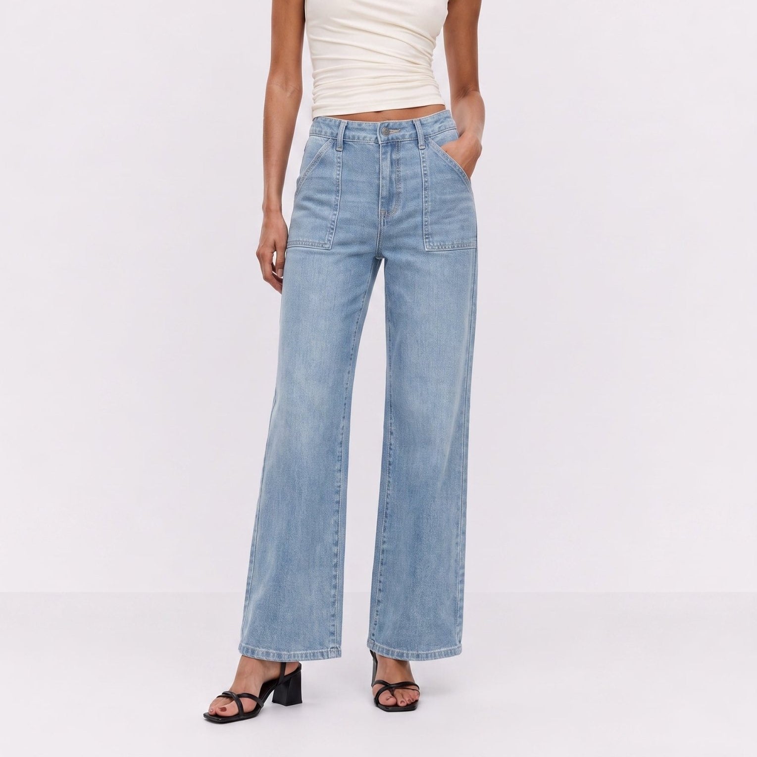 YUCOLEN Women's High Waisted Straight Leg Stretchy Denim Jeans with Pockets in Aqua Blue