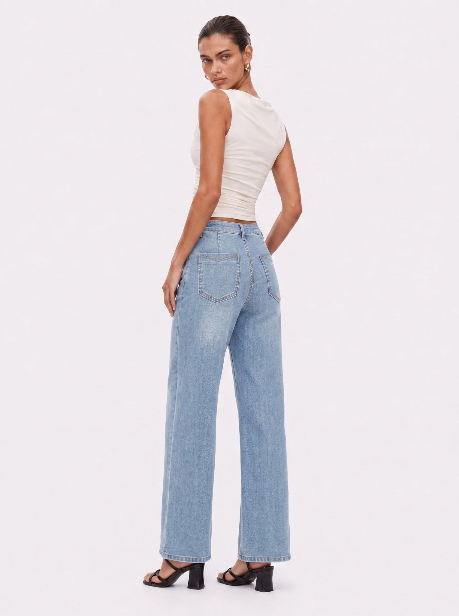 YUCOLEN Women's High Waisted Straight Leg Stretchy Denim Jeans with Pockets in Aqua Blue