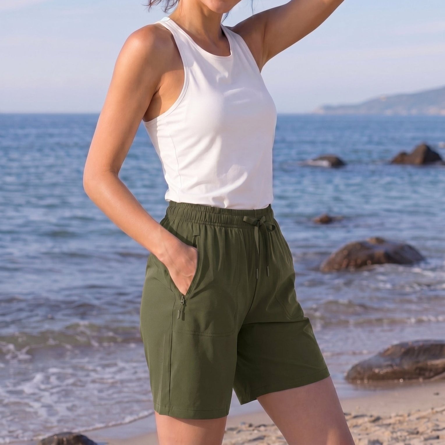 YUCOLEN Women 8 Inch Inseam Hiking Shorts - Water Resistant Quick Dry Golf Shorts with Zipper Pockets in Army Green