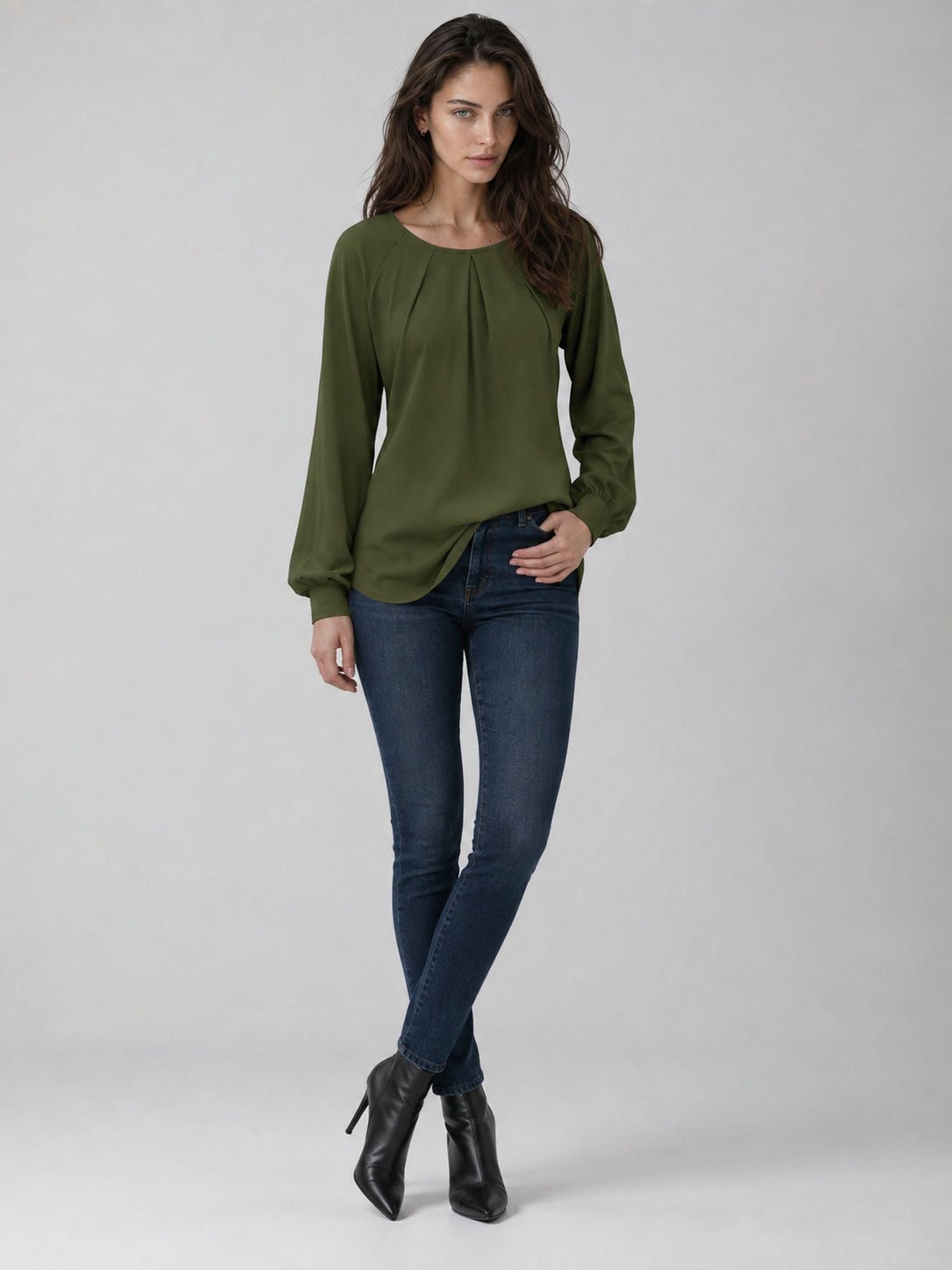 YUCOLEN Women's Lantern Sleeve Pleated Blouse Soft Cotton Rayon Dressy Casual Top in Army Green