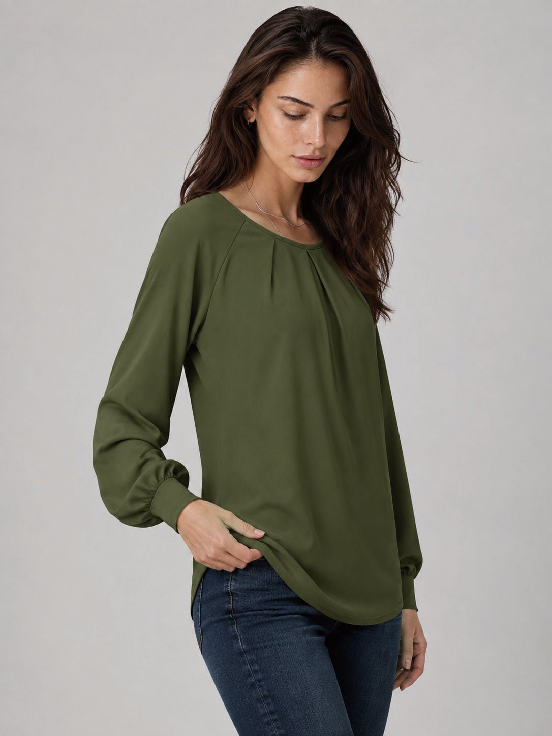 YUCOLEN Women's Lantern Sleeve Pleated Blouse Soft Cotton Rayon Dressy Casual Top in Army Green