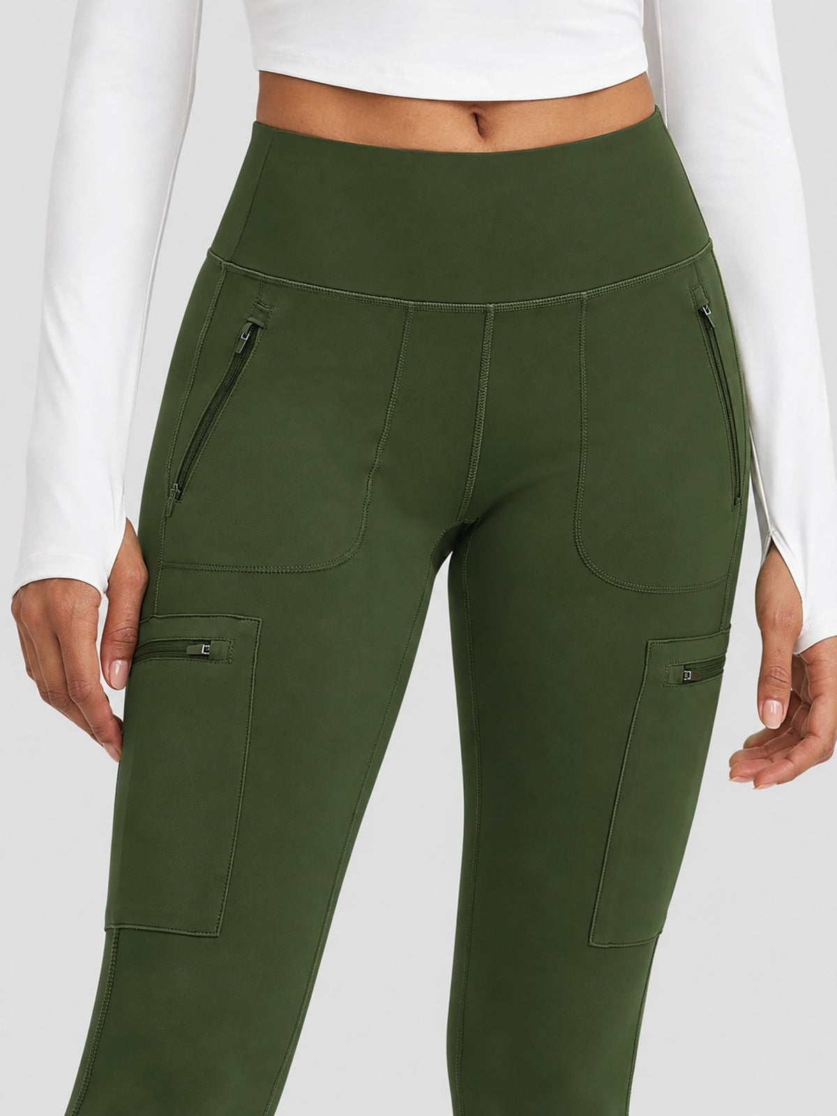 YUCOLEN Women's Outdoor Stretch Leggings with High Waist and Pockets in Army Green