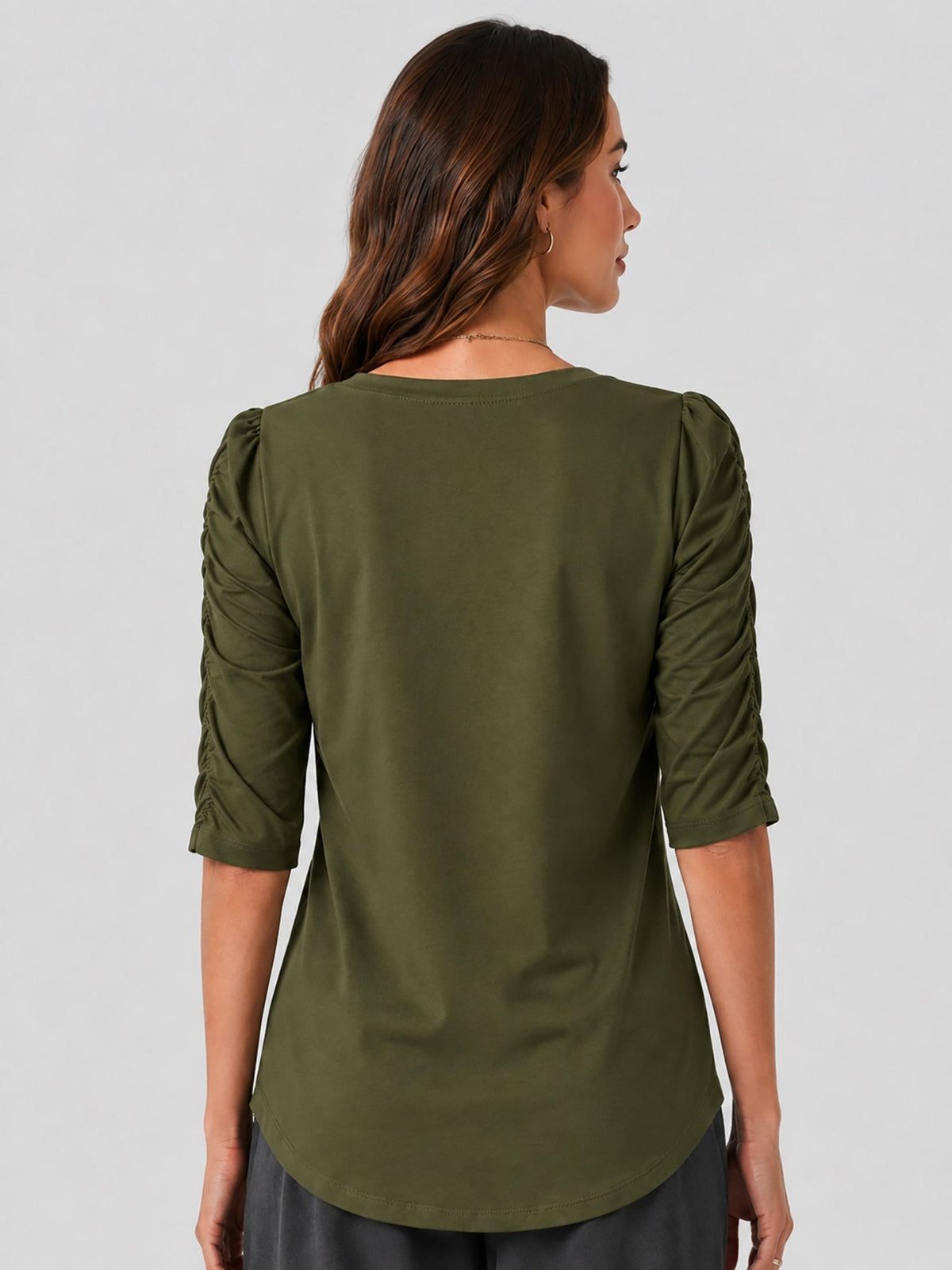 YUCOLEN Women's Puff Half Sleeve Tri-blend Top Casual Blouse in Army Green