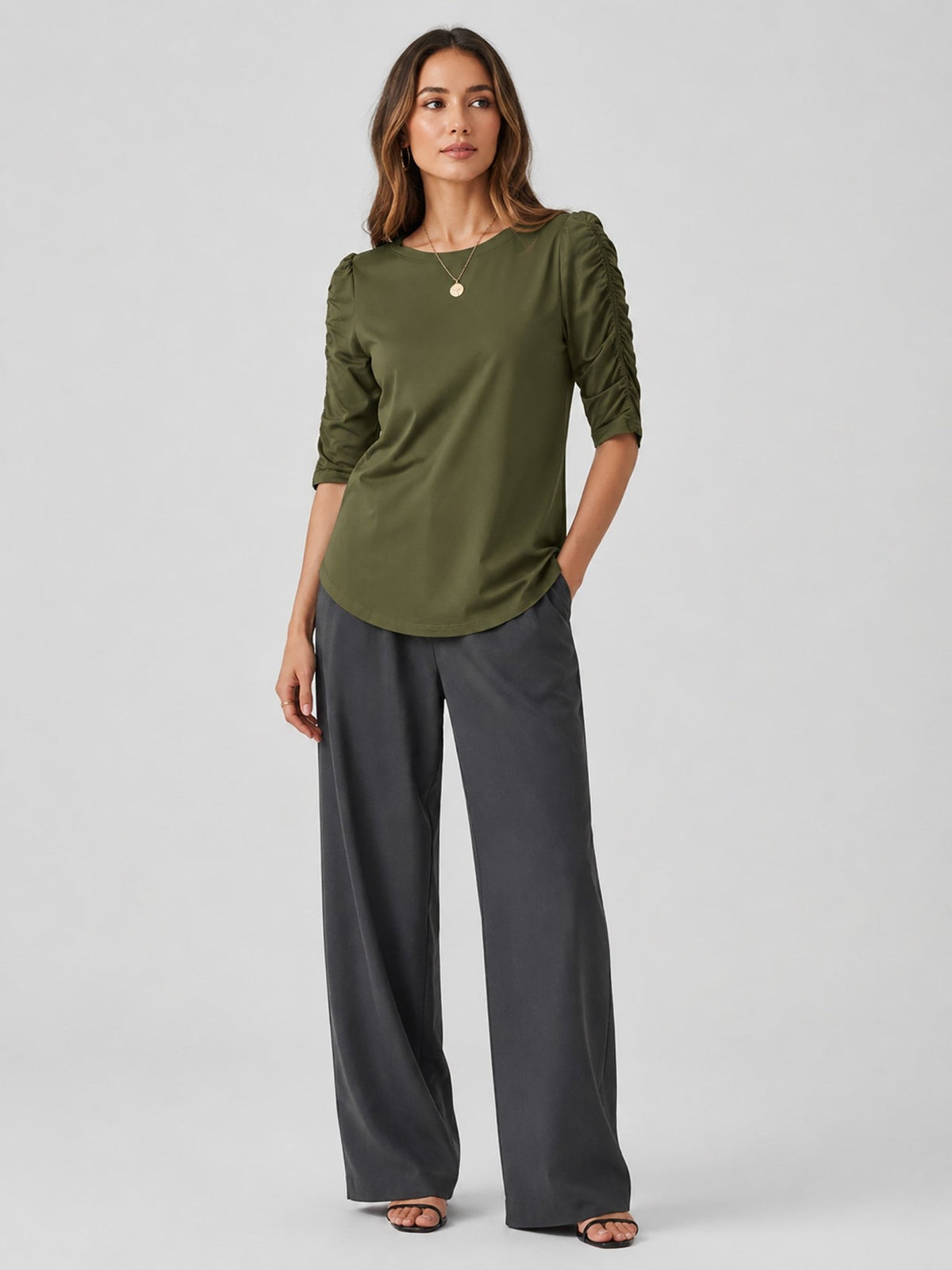 YUCOLEN Women's Puff Half Sleeve Tri-blend Top Casual Blouse in Army Green