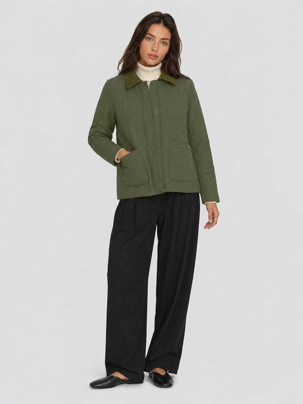 YUCOLEN Women's Quilted Jacket Retro Corduroy Collar Lightweight Padded Coat in Army Green