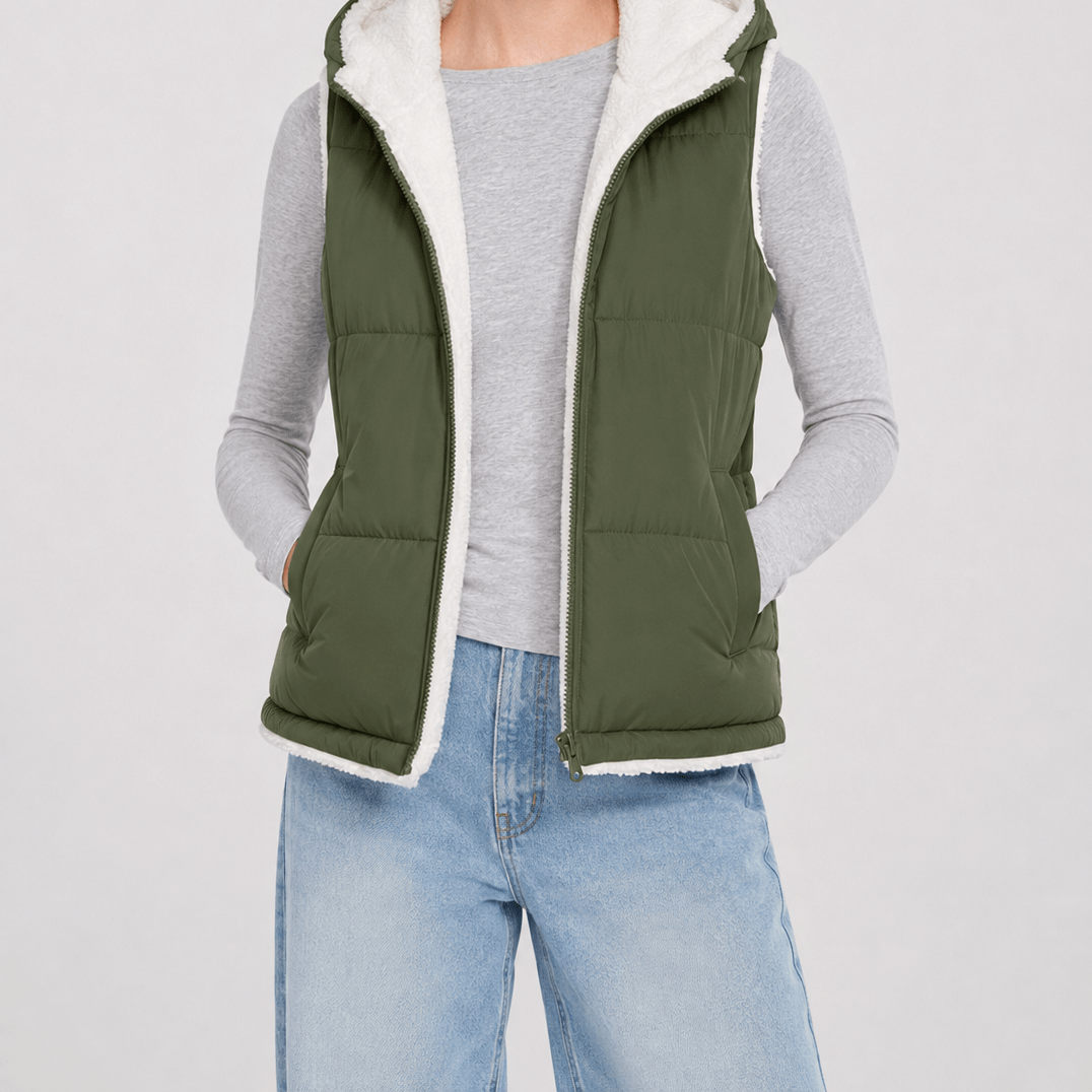YUCOLEN Women's Reversible Puffer Fleece Lined Hooded Vest in Army Green