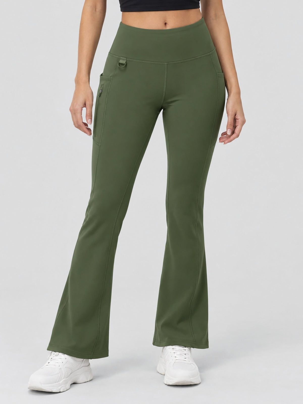 YUCOLEN Women's Thermal Water Resistant Fleece Lined Flare Leggings with 3 Pockets in Army Green
