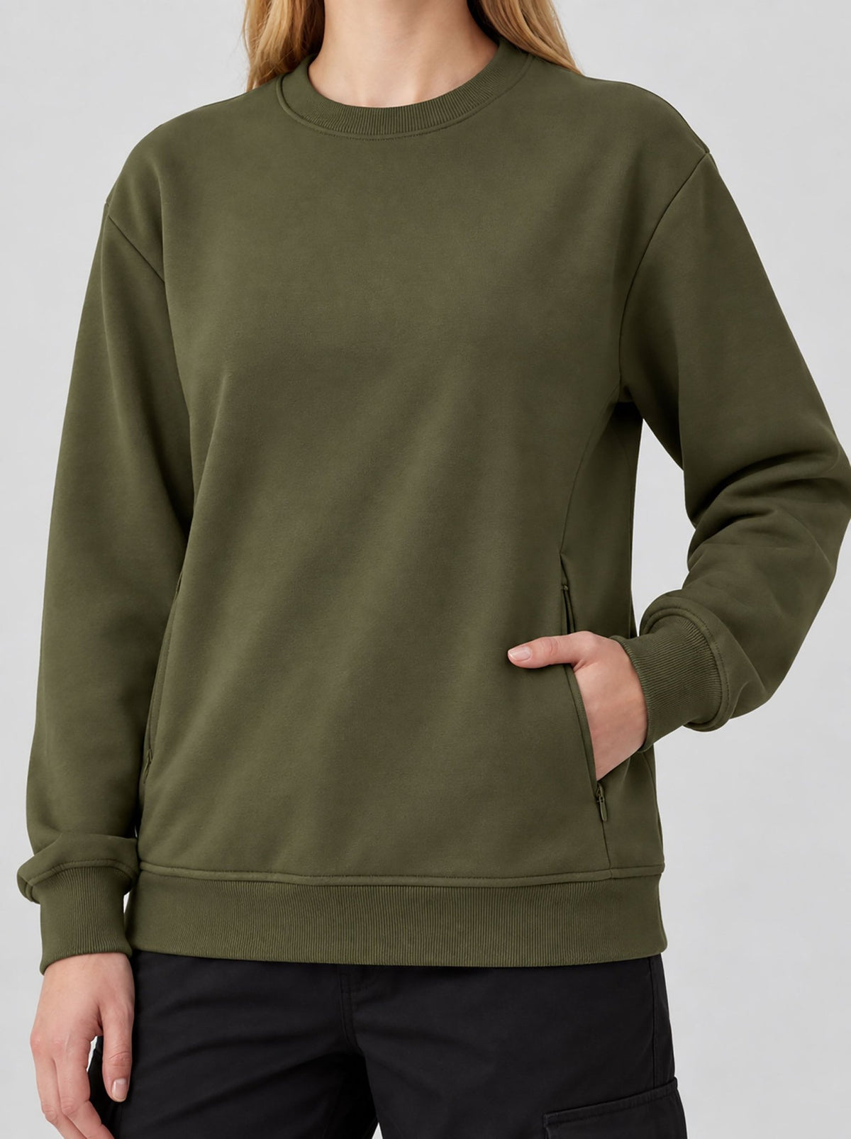 YUCOLEN Womens Warm Fleece Crewneck Sweatshirt with Zip Pockets in Army Green