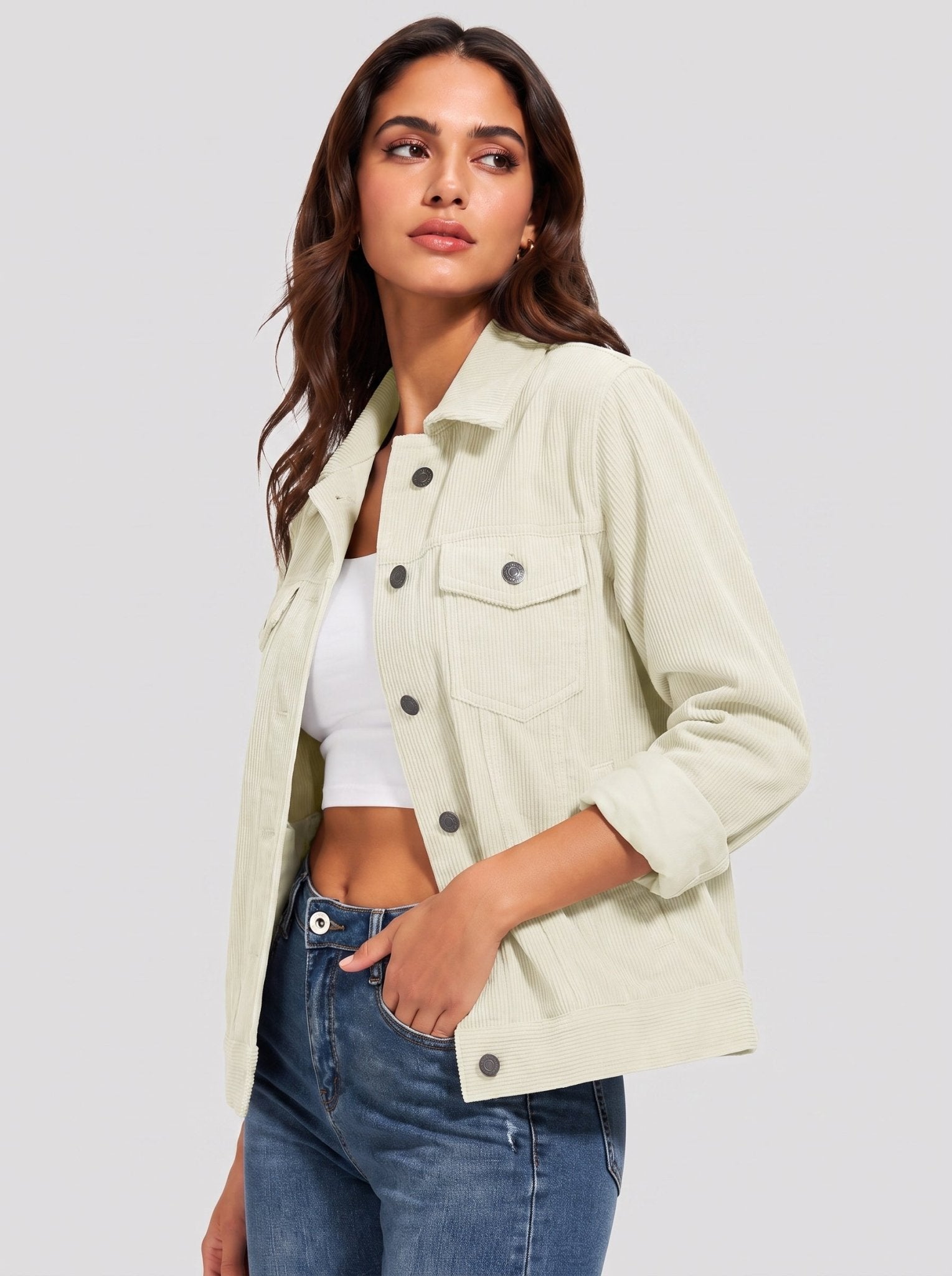 YUCOLEN Women's Lightweight Cropped Corduroy Shacket with 4 Pockets Button Down Casual Jacket in Beige