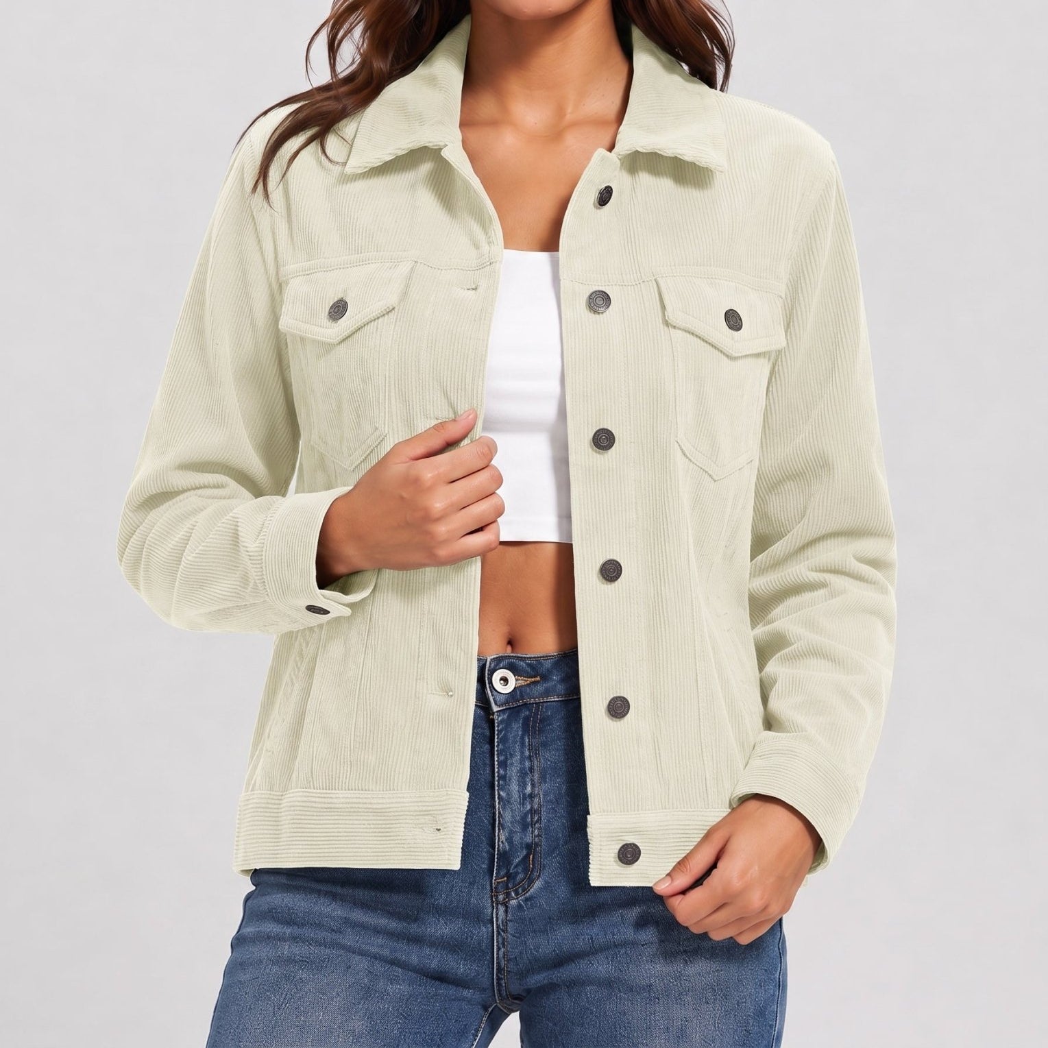 YUCOLEN Women's Lightweight Cropped Corduroy Shacket with 4 Pockets Button Down Casual Jacket in Beige