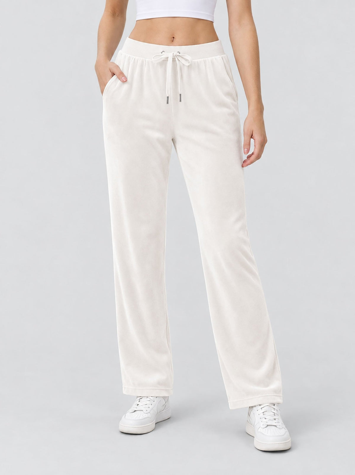 YUCOLEN Women's Soft Velour Straight Leg Pants with Elastic Waist in Beige