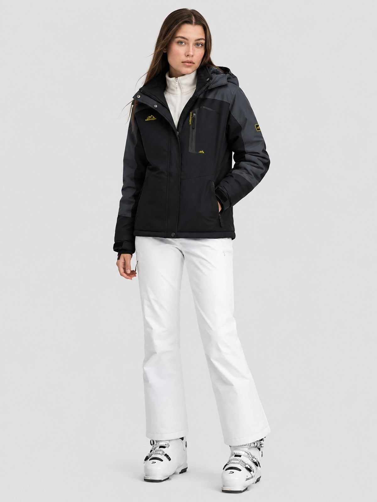 YUCOLEN Women's Waterproof Ski Jacket Fleece Lined Insulated Snow Coat with Detachable Hood in Black Grey