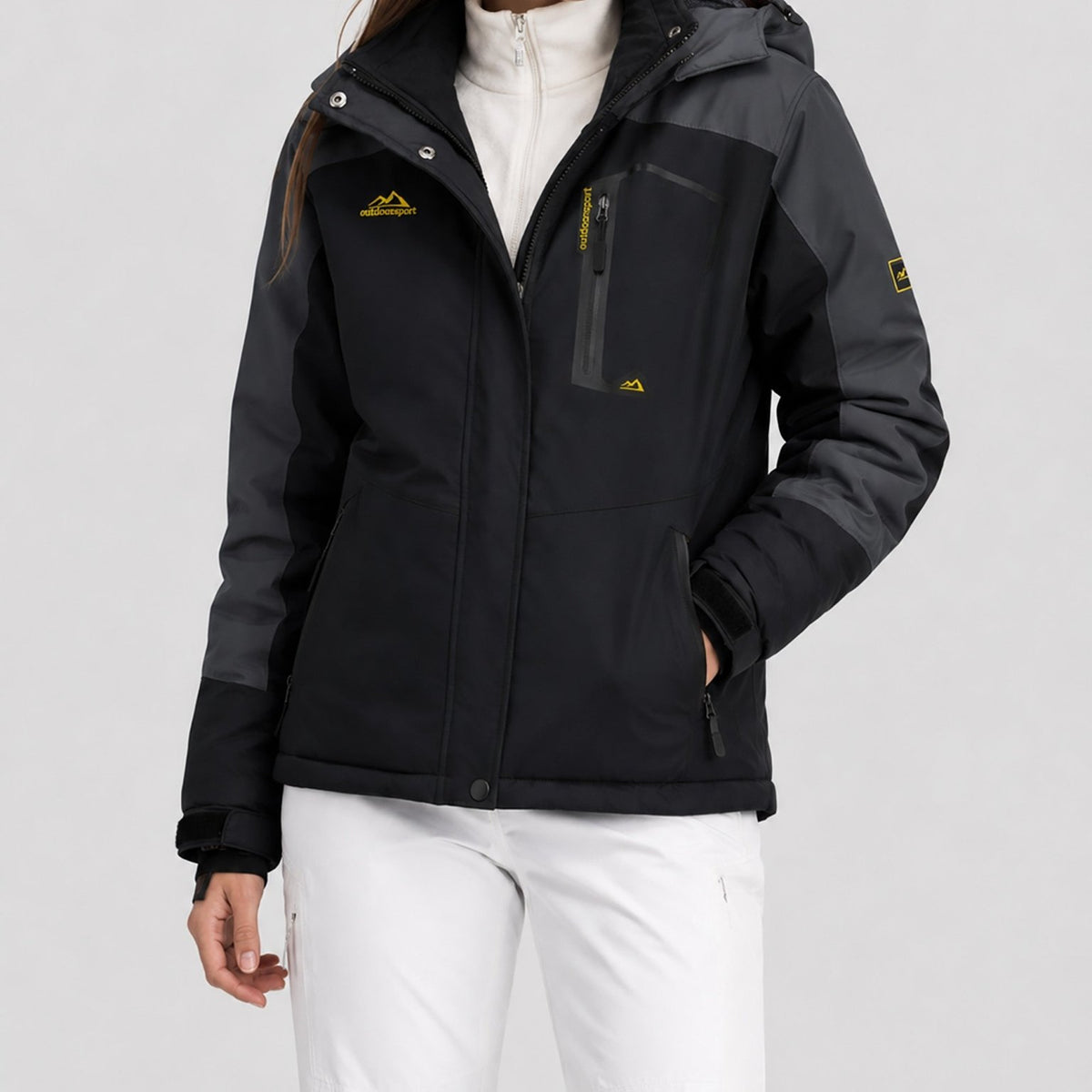 YUCOLEN Women's Waterproof Ski Jacket Fleece Lined Insulated Snow Coat with Detachable Hood in Black Grey