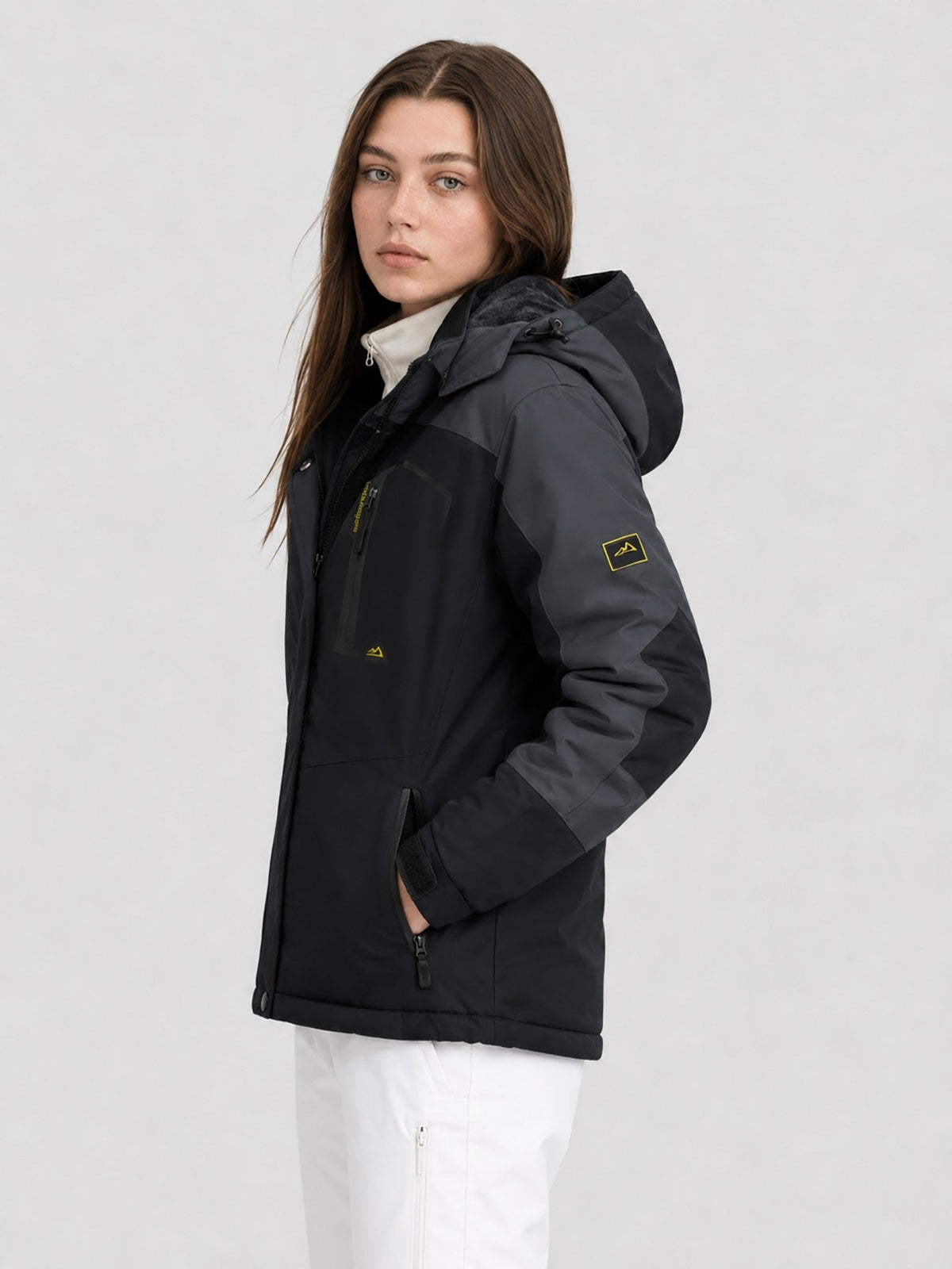 YUCOLEN Women's Waterproof Ski Jacket Fleece Lined Insulated Snow Coat with Detachable Hood in Black Grey