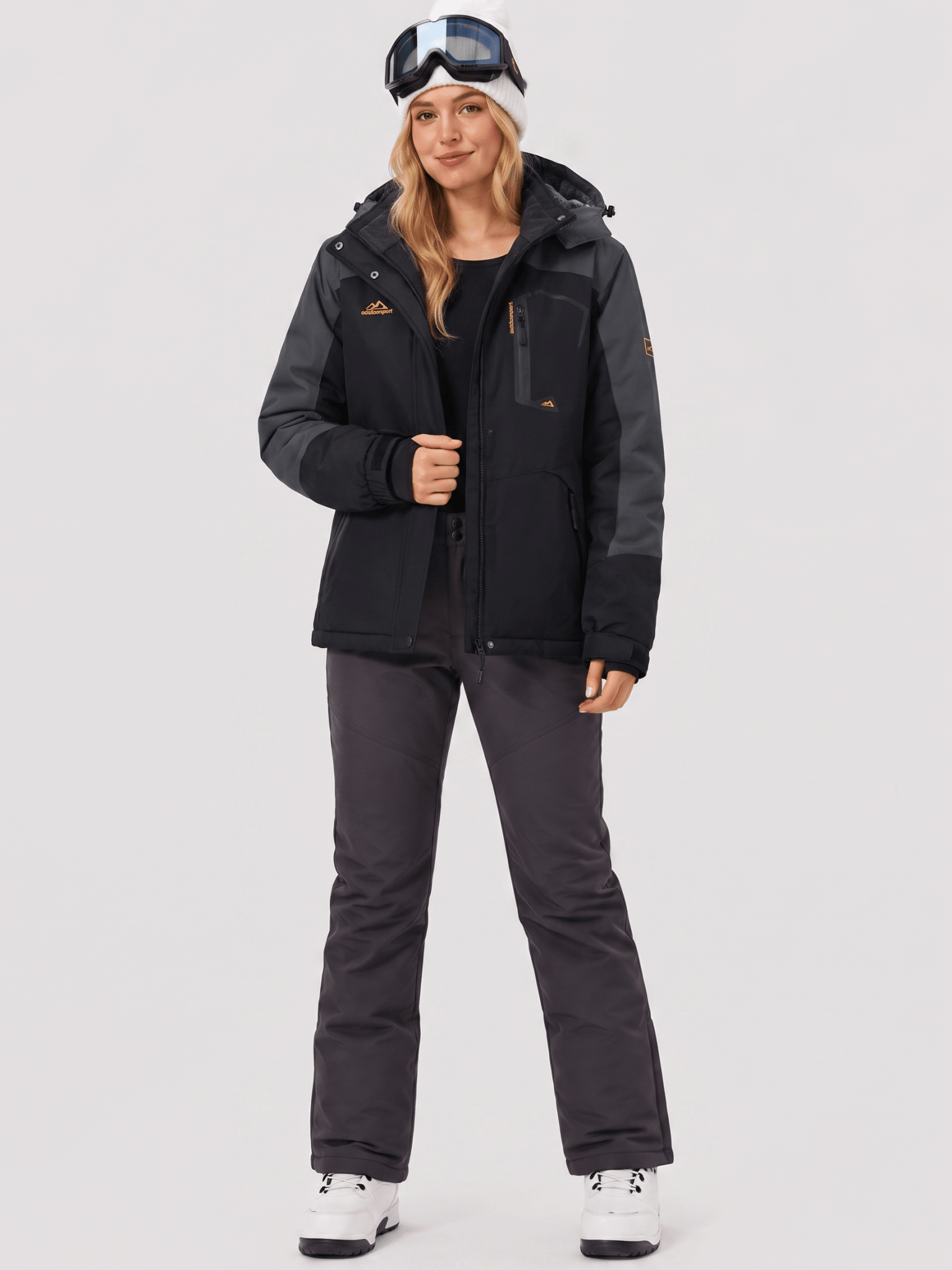 YUCOLEN Women's Waterproof Ski Jacket Fleece Lined Insulated Snow Coat with Detachable Hood in Black Grey