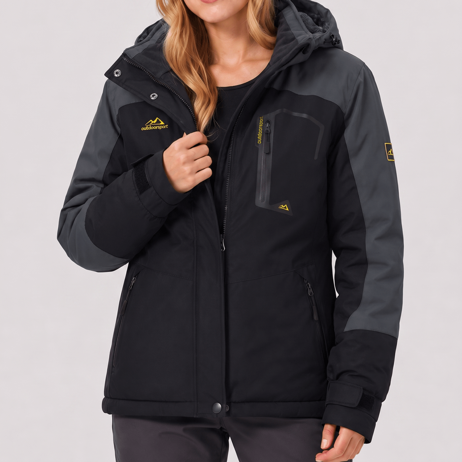 YUCOLEN Women's Waterproof Ski Jacket Fleece Lined Insulated Snow Coat with Detachable Hood in Black Grey