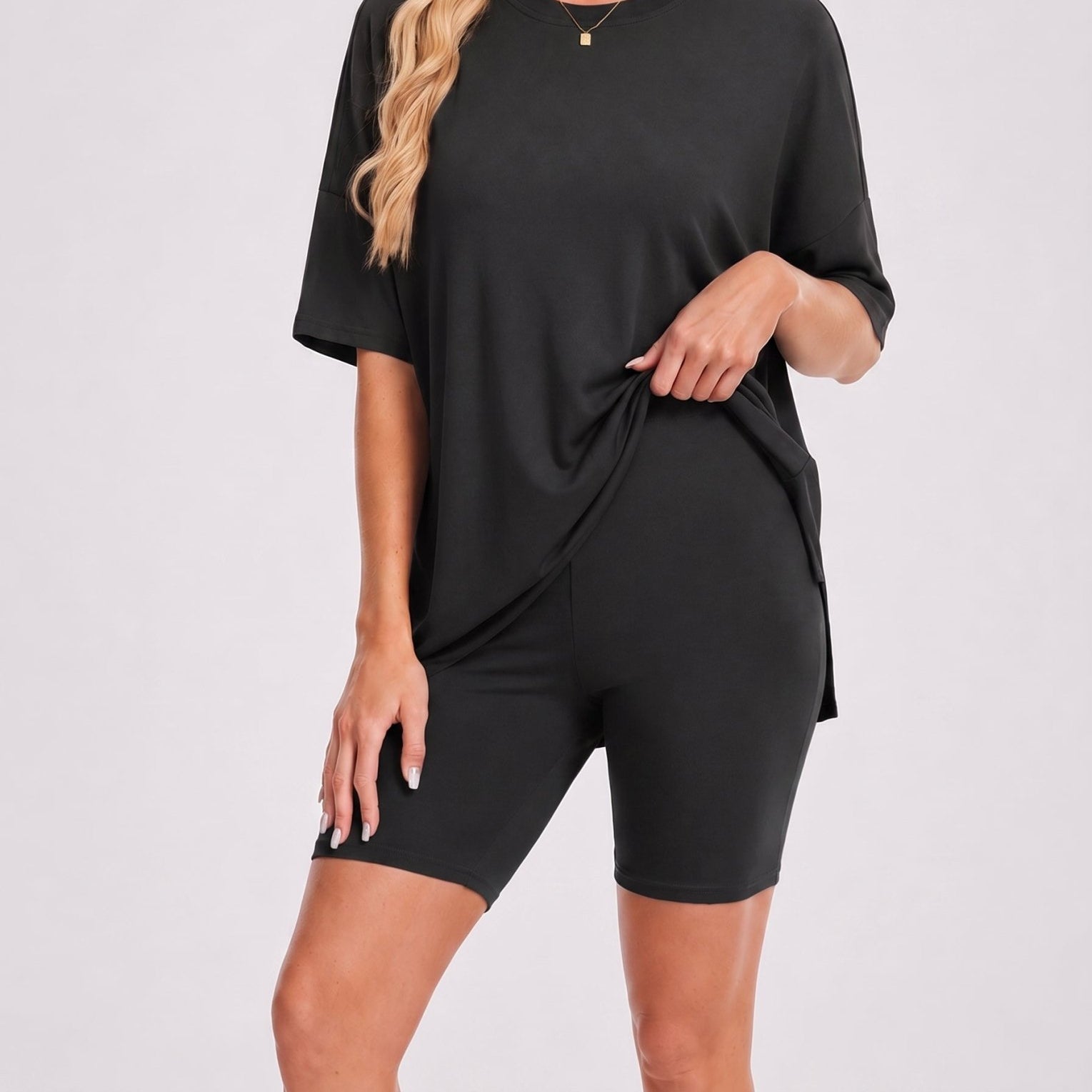 YUCOLEN Women's 2 Piece Oversized Lounge Set Matching Shorts and Tee Summer Casual Travel Athleisure Outfit in Black
