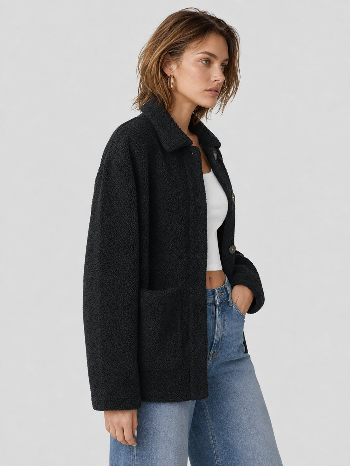 YUCOLEN Women‘s Button Down Fleece Jacket Soft Fuzzy Lapel Collar Coat with Pockets in Black