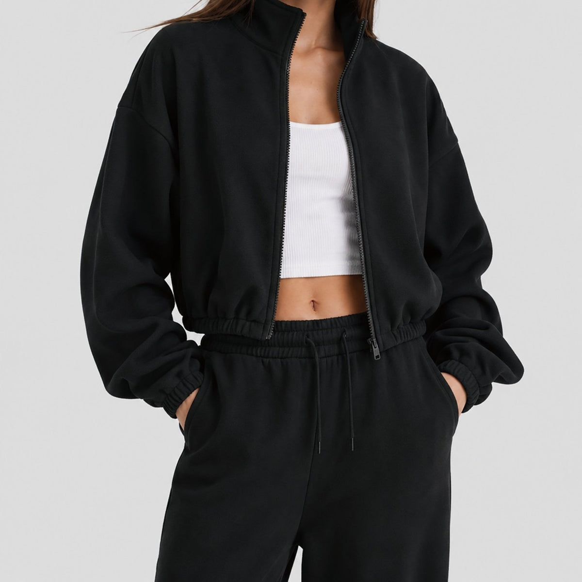 YUCOLEN Women's Cropped Fleece Jacket Full Zip Lightweight Workout Coat in Black