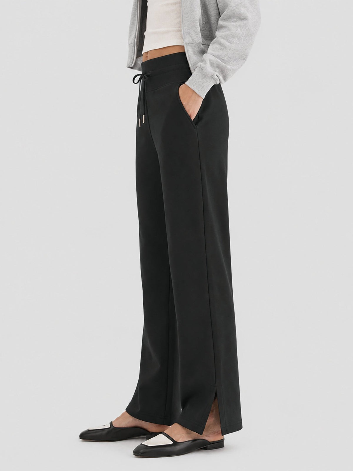 YUCOLEN Women's Fleece Lined Wide Leg Sweatpants Thermal Cotton Lounge Pants with Side Slits in Black