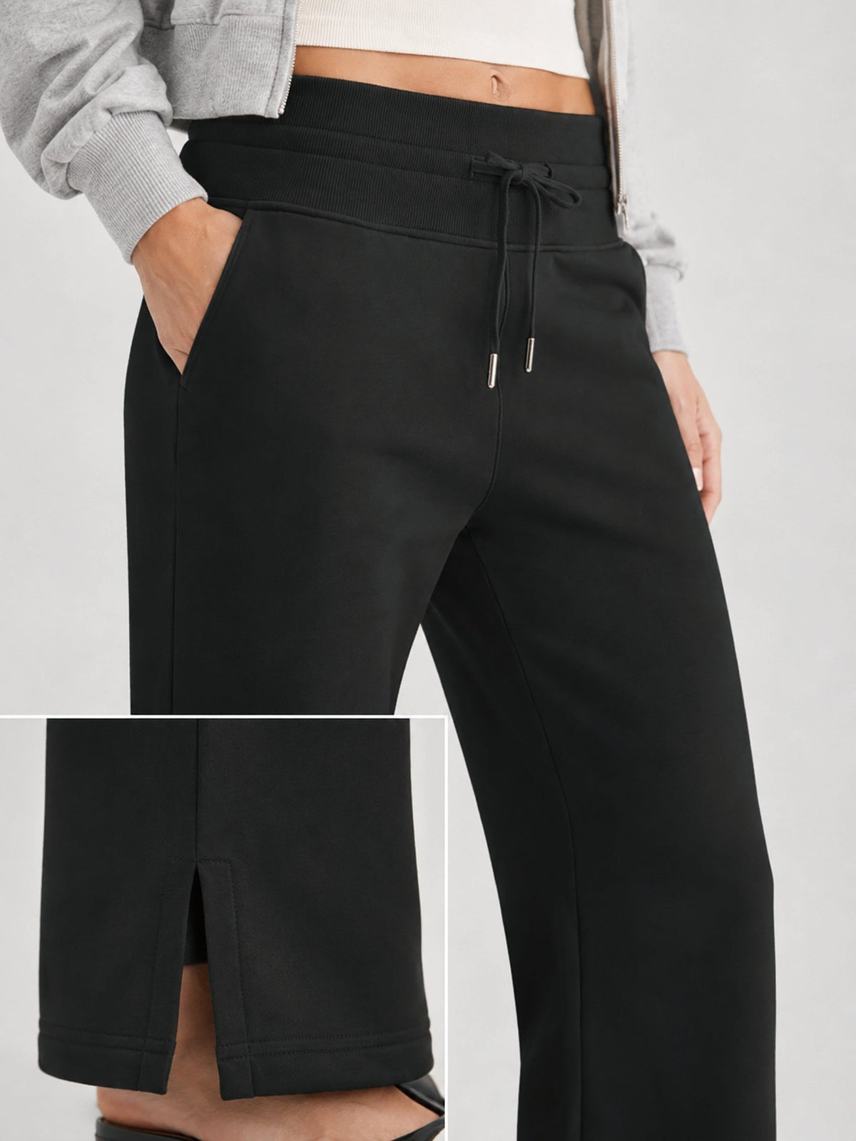 YUCOLEN Women's Fleece Lined Wide Leg Sweatpants Thermal Cotton Lounge Pants with Side Slits in Black