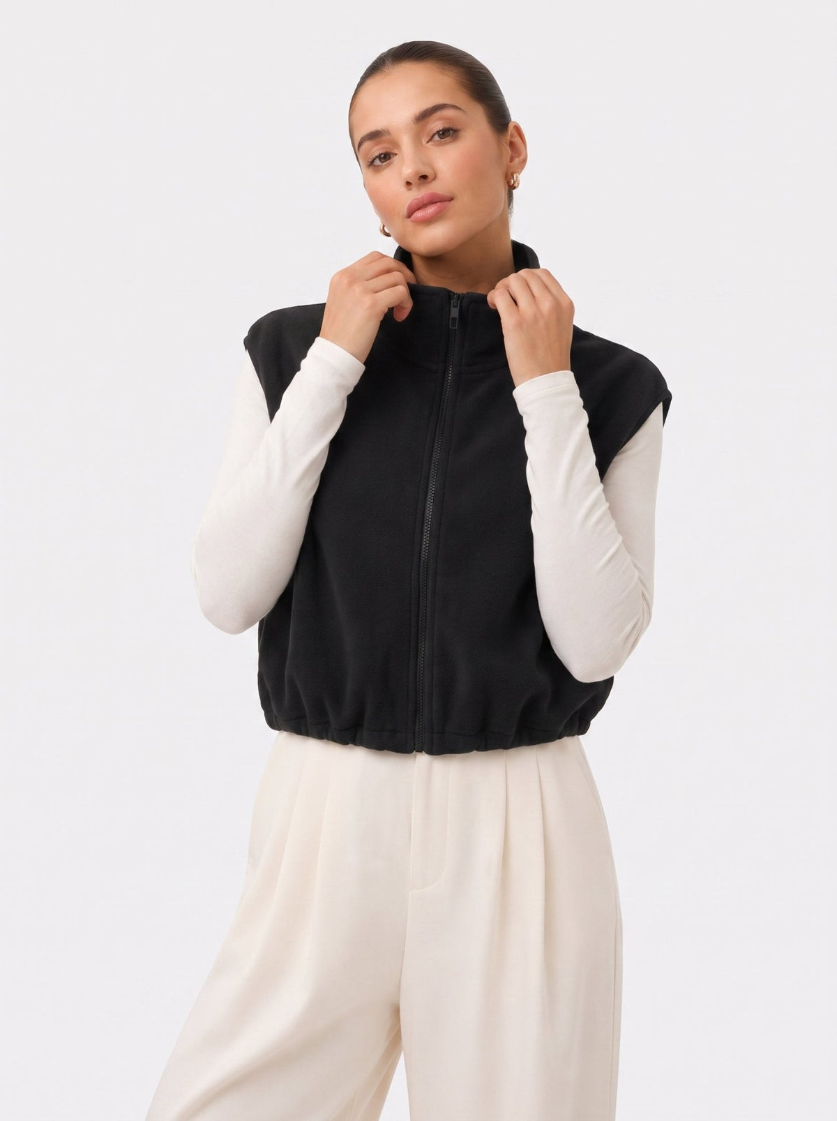 YUCOLEN Women‘s Full Zip Polar Fleece Cropped Vest Lightweight Stand Collar Sleeveless Jacket with Drawstring Hem in Black