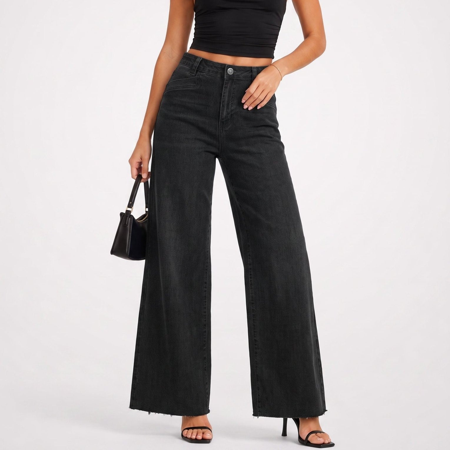 YUCOLEN Women's High Waisted Wide Leg Jeans Stretchy Vintage Loose Denim Pants in Black