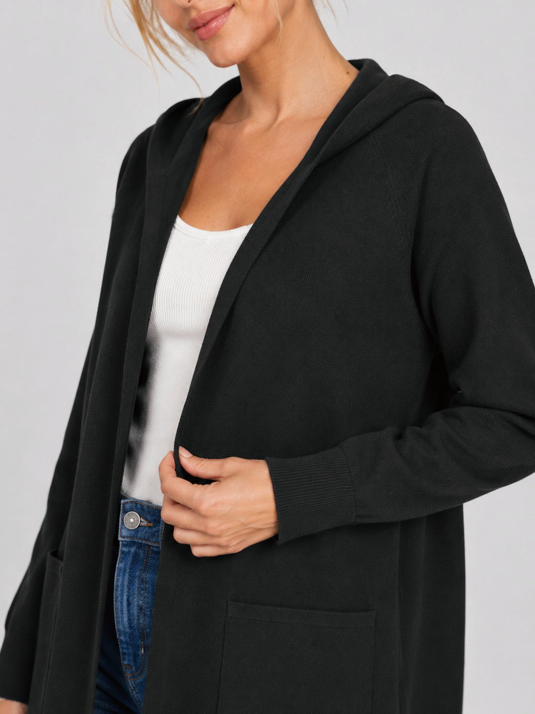 YUCOLEN Women's Hooded Open Front Cardigan Soft Knit Mid-Thigh Coatigan with Pockets in Black