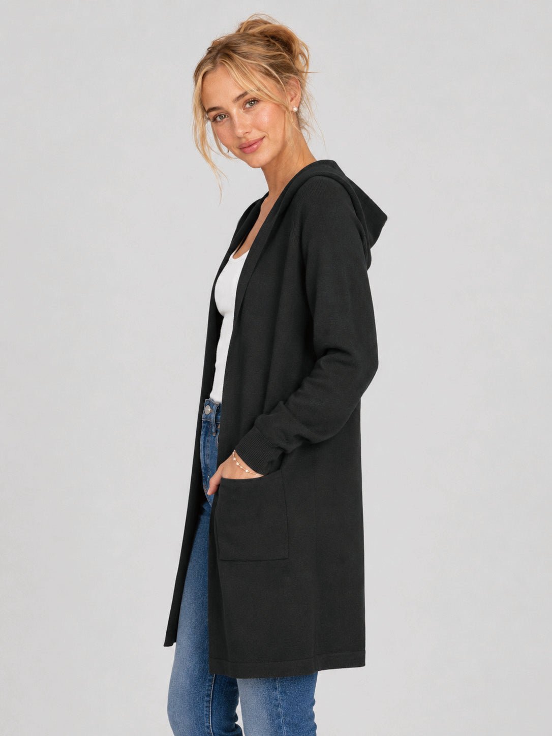 YUCOLEN Women's Hooded Open Front Cardigan Soft Knit Mid-Thigh Coatigan with Pockets in Black